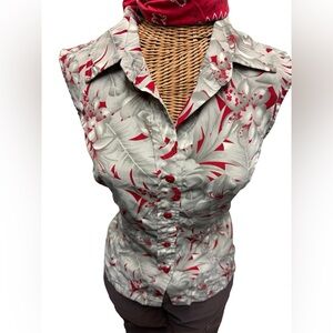 Womens Golf Tehama Nancy Haley sleeveless Button Down Collar Shirt Khaki & Red M